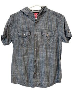 Black Jack Button Front Hooded Chambray Shirt Boys L Gray Cotton Preppy Academia